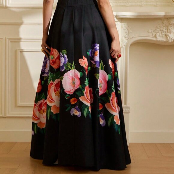 Black Elegant Women's Waist-Accented Patchwork A-Line Satin Skirt - Picture 2 of 7